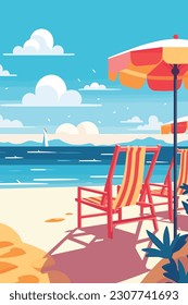 Summer beach with red yellow umbrella and red bench. Sea Background. Hot Flat design.