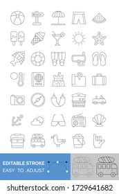 summer beach related camera, football, luggage, shirt, compass, starfish, watermelon, location, water tube, glasses, radio, ice cream, car,  bus, duck, basket and slipper vector in lineal style
