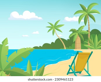 Summer beach. Relax time on the sea with palm trees. Vector clean landscape