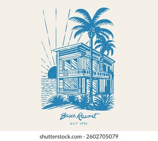 Summer beach resort artwork. Tropical eco resort. Beach abstract art for fashion. Tropical island design for fashion. 
