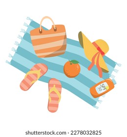 Summer beach resort clipart with a beach bag, hat, flip flops, sunscreen, and orange. Vector cartoon illustration. Vector cartoon flat style illustration. Isolated on white background.