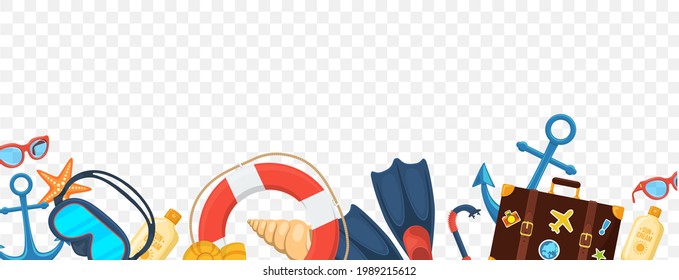 Summer Beach Resort Objects. Decorative Design Border On Transparent Background.