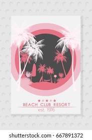 Summer Beach Resort Tropical Island with Palm Tree, Surfboard  - Vector Illustration