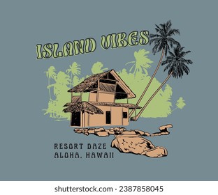 summer beach resort vector illustration, beach hut with palm tree, island vibes, hawaii resort dream, summer beach design for t shirt, sticker, poster, graphic print   