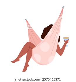 Summer beach rest and relax of girl drinking cocktail in hammock. Young woman holding glass of drink to enjoy lazy carefree resting and tranquility in swing garden bed cartoon vector illustration