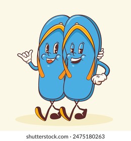 Summer Beach Retro Cartoon Characters. Groovy Flip Flops Slippers Illustration. Vintage Personage Walking and Smiling Vector Drawing. Isolated