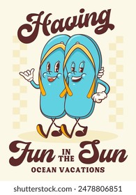 Summer Beach Retro Cartoon Characters Poster. Groovy Flip Flops Slippers Illustration. Vintage Personage Walking and Smiling Vector Drawing. Isolated