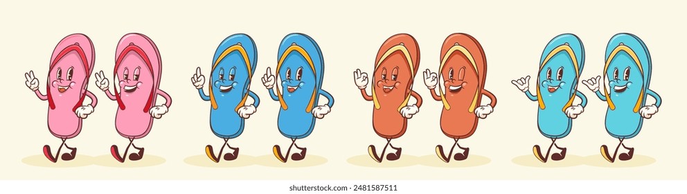 Summer Beach Retro Cartoon Characters Set. Groovy Flip Flops Slippers Illustration. Vintage Personage Walking and Smiling Vector Drawings Collection. Isolated