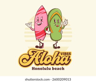Summer Beach Retro Cartoon Characters Label. Groovy Flip Flops Slippers Friends Showing Shaka Symbol Illustration. Vintage Personage Walking and Smiling Vector T-shirt Print Drawing Logo Isolated