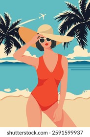 Summer Beach Retro Poster with Beautiful Girl in Red Swimsuit. Beach Vacation by the sea, by the pool. Young Woman On Beach With Glasses Painted in Flat style. Vector