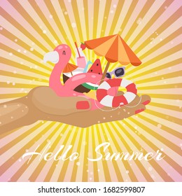 Summer beach retro poster with umbrella, watermelon, swimming flamingo and holiday elements vector illustration. Hello summer beach vacation retro background.