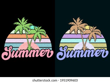 Summer Beach Retro Vintage Sunset-shirt Design, Vector, Palm Tree, Surfing, Summer, Icon, Logo