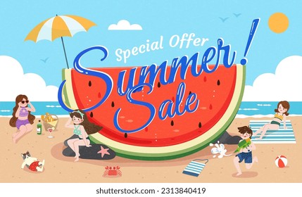 Summer beach sale promotion poster. Blue calligraphy title on giant sliced watermelon at the beach surrounded by people enjoying summer vacation.