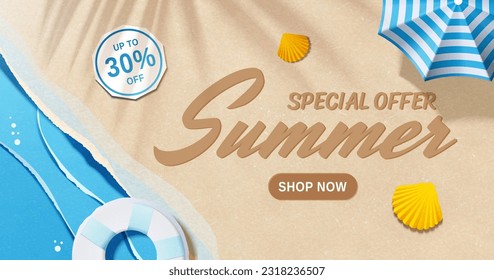 Summer beach sale promotion template. Top view of torn paper style beach shore with seashells, inflatable ring and parasol decor.