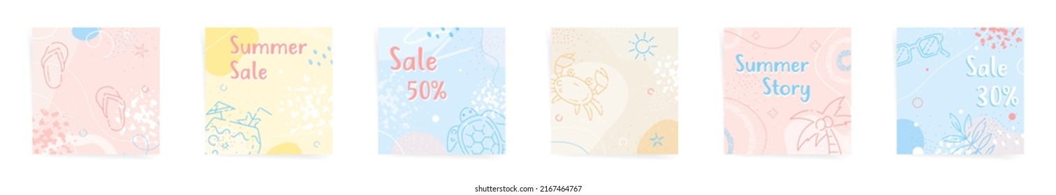 Summer beach sale square post cards fashion template set. Abstract summertime art for stories, promo posts. Design with wavy abstract shapes, beach elements and summer party icons.