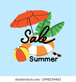 Summer beach sale. Umbrella, inflatable ring and ball. Sunglasses and tropical leaves. Summertime holiday journey. Sea vacation shop discount, card or poster. Vector cartoon flat isolated illustration