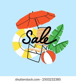 Summer beach sale. Umbrella, inflatable ring and ball. Sunglasses and tropical leaves. Summertime holiday journey. Sea vacation shop discount, card or poster. Vector cartoon flat isolated illustration