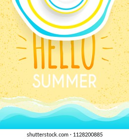 Summer beach sale vector design with top view flat sunlight protect hat for summer shop blackground and sale discount voucher