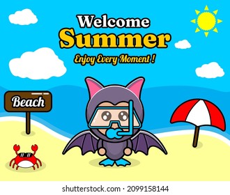 summer beach and sand background design with text enjoy every moment and summer element board that says beach, crab and umbrella, in bat animal mascot costume wearing senorkel