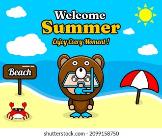 summer beach and sand background design with text enjoy every moment and summer element board that says beach, crab and umbrella, in bear animal mascot costume wearing a senorkel