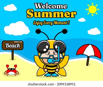 summer beach and sand background design with text enjoy every moment and summer element board that says beach, crab and umbrella, with bee animal mascot costume wearing a senorkel
