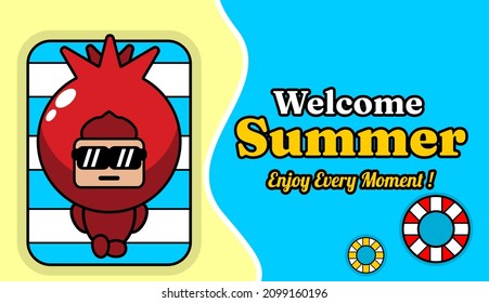 summer beach and sand background design with text enjoy every moment, with pomegranate fruit mascot costume relaxing