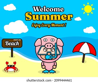 summer beach and sand background design with text enjoy every moment and summer element board that says beach, crab and umbrella, with pig animal mascot costume wearing a senorkel