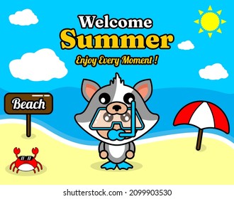 summer beach and sand background design with text enjoy every moment and summer element board that says beach, crab and umbrella, with cat animal mascot costume wearing a senorkel