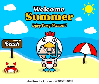 summer beach and sand background design with text enjoy every moment and summer element board that says beach, crab and umbrella, with chicken animal mascot costume wearing senorkel