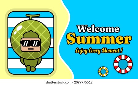 summer beach and sand background design with text enjoy every moment, with melon mascot costume relaxing