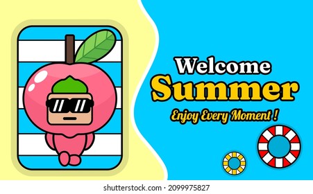 summer beach and sand background design with text enjoy every moment, with relaxing peach mascot costume