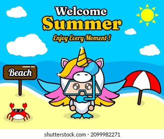 summer beach and sand background design with text enjoy every moment and summer element board that says beach, crab and umbrella, with unicorn animal mascot costume wearing a senorkel