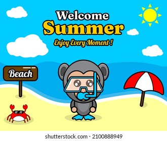 summer beach and sand background design with text enjoy every moment and summer element board says beach, crab and umbrella, in gorilla animal mascot costume wearing senorkel