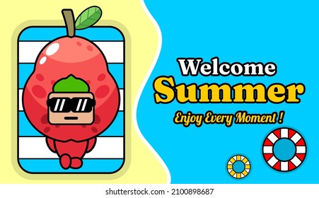 summer beach and sand background design with text enjoy every moment, with a relaxing guava fruit mascot costume