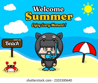 summer beach and sand background design with text enjoy every moment and summer element board that says beach, crab and umbrella, with hippopotamus animal mascot costume wearing a senorkel