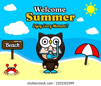 summer beach and sand background design with text enjoy every moment and summer element board that says beach, crab and umbrella, with owl animal mascot costume wearing a senorkel