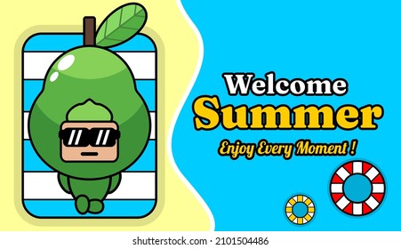 Summer beach and sand background design with text Enjoy every moment, with a relaxing avocado mascot costume