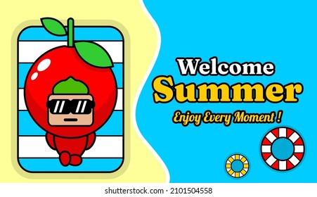 summer beach and sand background design with text enjoy every moment, with cherry fruit mascot costume relaxing