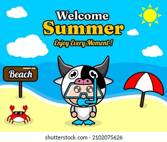 summer beach and sand background design with text enjoy every moment and summer element board that says beach, crab and umbrella, with cow animal mascot costume wearing senorkel