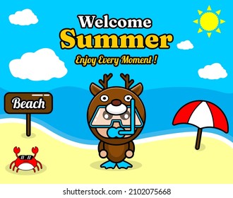 summer beach and sand background design with text enjoy every moment and summer element board says beach, crab and umbrella, in deer animal mascot costume wearing senorkel