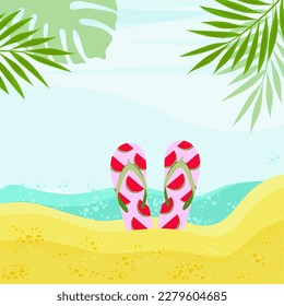 Summer beach. Sand, ocean, flip-flops with watermelon pattern. Vector background, template

