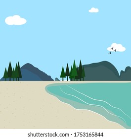 Summer beach sand sea mountain sky bird flying bright vector.