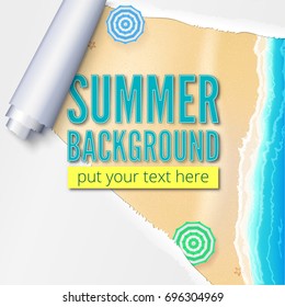 Summer beach with sand, surf and beach umbrellas. Background with torn and twisted paper. Blank advertising poster.