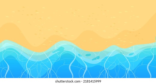 Summer beach with sand and waves top view in cartoon style, background. Tropical coast line, landscape, scenery.