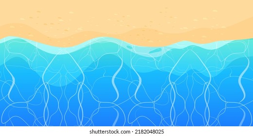 Summer beach with sand and waves top view in cartoon style, background. Tropical coast line, landscape, scenery.