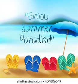 Summer beach with sandals and umbrella.Vector