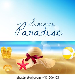 Summer beach of sandy beach, straw hat, sandals, beach volleyball, shells and starfish.Vector