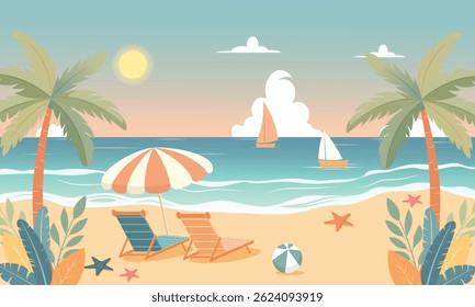 Summer beach scene, background design, vector illustration