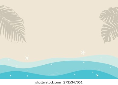 Summer beach scene, background design, vector illustration. Sea shore, waves, sandy beach, palm tree shadows and starfish. View from above.