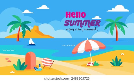 Summer beach scene banner design background